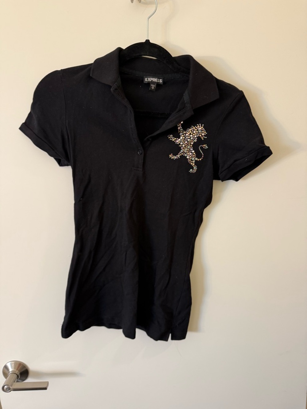 Express Black Polo Shirt with Sequin Jewel Logo Y2K